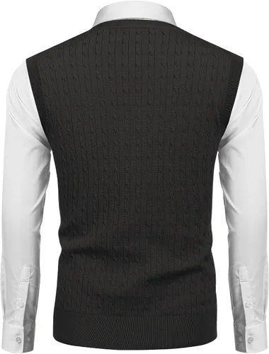Vista 2 de COOFANDY Chaleco sin mangas para hombre con cuello en V, casual, tejido de cable con botones, cárdigan