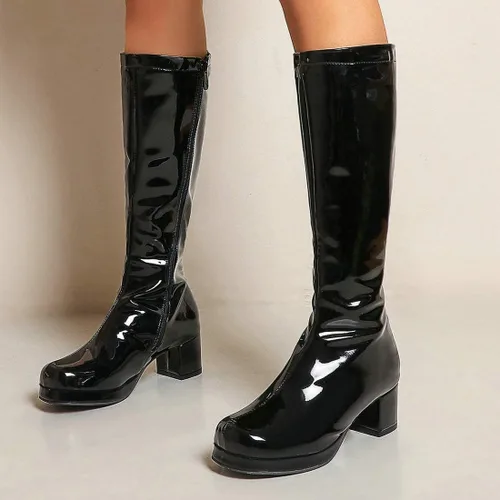 Vista 6 de MAVMAX Botas altas hasta la rodilla de charol para mujer, tacón grueso, plataforma, cremallera, punta redonda