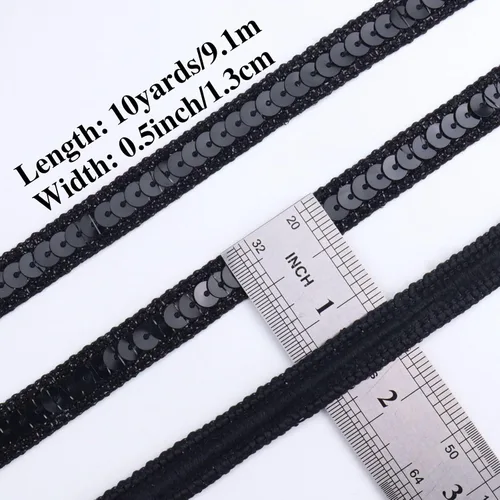 Vista 2 de Cinta de lentejuelas negras con purpurina plana para coser, 10 yardas