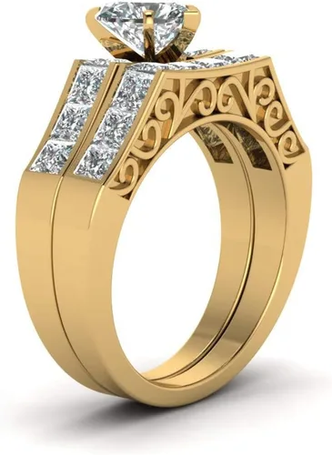Vista 5 de WRS WEDDING RING SET Two Rings - Anillos para parejas para mujer, de oro amarillo de 10 quilates, con circonita cúbica blanca, conjuntos