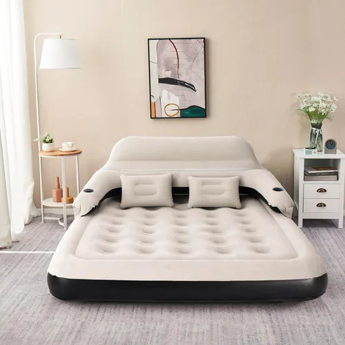 Vista 4 de Cama inflable de colchón de aire tamaño Queen con cabecero y almohadas, sofá cama inflable