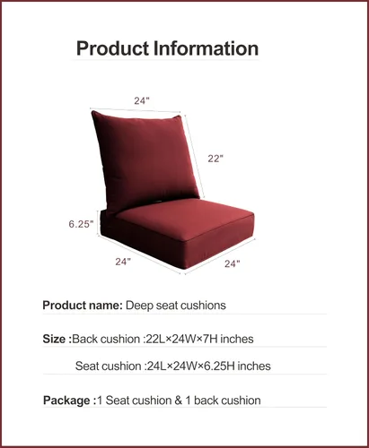 Vista 2 de Cojín para muebles de exterior, cojines para silla de asiento profundo de patio, asiento de espuma, tela Sunbrella, 24 x 24 pulgadas, lona borgoña