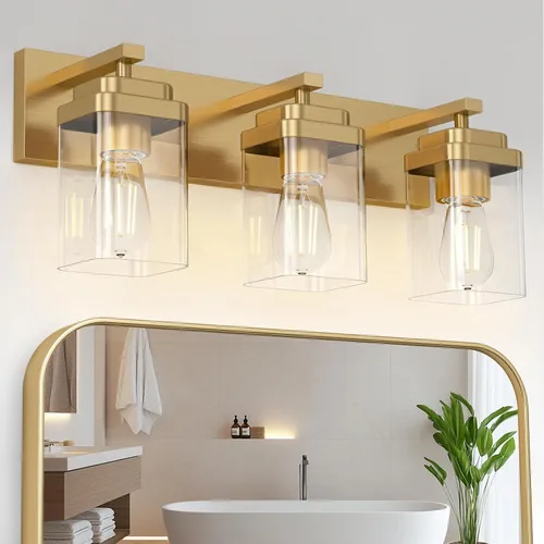 Vista 25 de Lámparas de baño de oro cepillado, 4 luces de baño sobre el espejo, diseño cuadrado y placa trasera grande rectangular, accesorios de iluminación