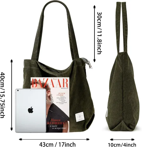 Vista 2 de KALIDI - Bolsa de pana para mujer, con cremallera, casual, de gran capacidad, con bolsillos
