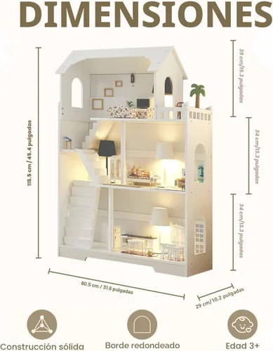 Vista 4 de Estantería de Casa de Muñecas de Madera - Estantería de Casa de Muñecas para Niños Pequeños, Espacio Extra para Almacenamiento de Juguetes y Libros