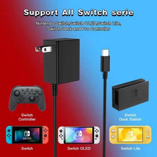 Vista 4 de Cargador USB-C de 39 W compatible con Nintendo Switch, OLED, Lite, Dock, compatible con Switch 2 y Pro Controller 15V2.6A compatible con modo TV