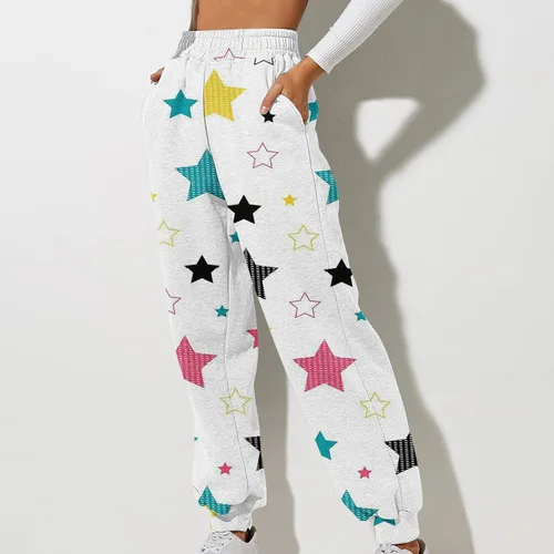 Vista 2 de Pantalones de chándal Estampado navideño para mujer rectos, cintura alta, elásticos, sueltos, básicos