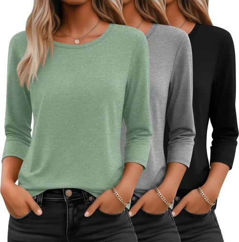 Vista 30 de Ficerd Paquete de 3 camisetas de manga 3/4 para mujer, cuello redondo, camisetas básicas elegantes, casuales, modernas, holgadas