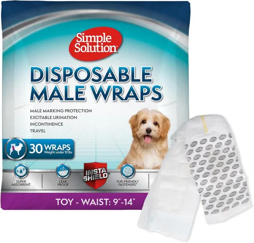 Vista 10 de Simple Solution Pañales Desechables Envolventes para Perros Machos, True Fit, Absorbentes, A Prueba de Fugas con Indicador de Humedad, Pañal
