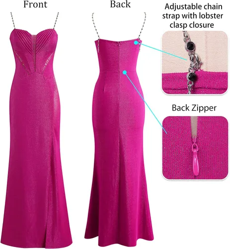 Vista 6 de VFSHOW Vestido largo formal para mujer, con cuentas, tirantes delgados, fruncido, para invitadas de boda, vestido de noche sexy con abertura alta