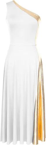 Vista 5 de Vestido de baile de alabanza lírico metálico de un hombro para mujer, sin mangas, ropa de baile litúrgica