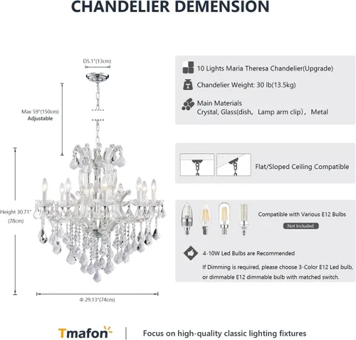 Vista 6 de Candelabro moderno de cristal – Candelabros cromados de lujo María Teresa para comedor, isla de cocina, sala de estar, dormitorio, 10 luces Cromo