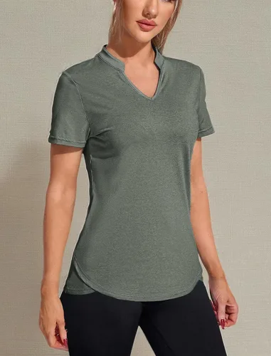 Vista 2 de COOrun Camisetas de entrenamiento para mujer, manga corta, cuello en V, absorben la humedad, para yoga, golf, atletismo, correr, camisetas casuales