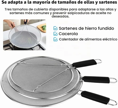 Vista 6 de Pantalla contra salpicaduras para sartén, 9.8 pulgadas, 11.4 pulgadas, 13 pulgadas, malla fina de acero inoxidable, protector contra salpicaduras