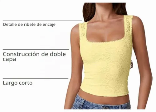 Vista 4 de QINSEN Camiseta sin mangas de doble capa con cuello cuadrado y ribete de encaje para mujer Amarillo claro