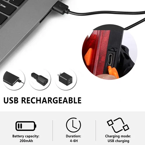 Vista 8 de Kisangel Luz trasera de bicicleta recargable por USB, lámpara de señal de advertencia, luz trasera compacta para bicicleta con correa y cable USB