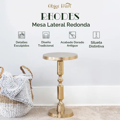 Vista 4 de OBJET D'ART Mesas auxiliares pequeñas redondas doradas, Rhodes, 21'' de altura, acento vintage de metal, mesas laterales, de pedestal, para cócteles
