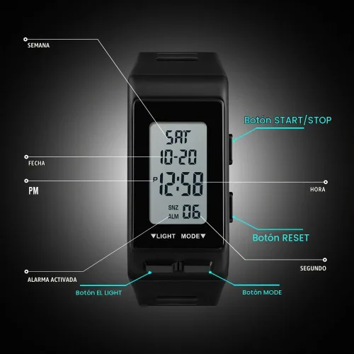 Vista 5 de Reloj digital deportivo rectangular negro para hombre, impermeable, pantalla LED, gran cara, militar, luminoso, cronómetro, alarma, militar, reloj