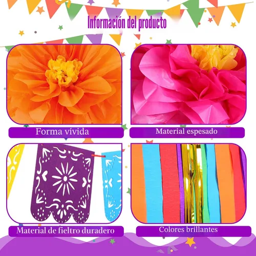 Vista 3 de TaoBary Juego de 28 piezas de decoración de fiesta mexicana, flores de papel mexicano, fiesta con volantes, fondo de papel picado, decoraciones