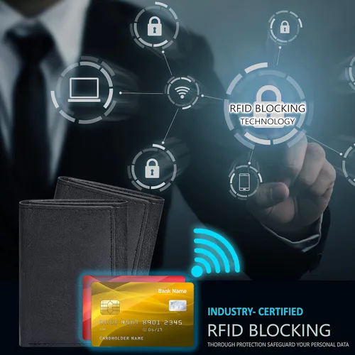 Vista 6 de Billeteras delgadas RFID para hombre - Cartera triple de cuero genuino con bolsillo frontal, Negro -, Cartera RFID