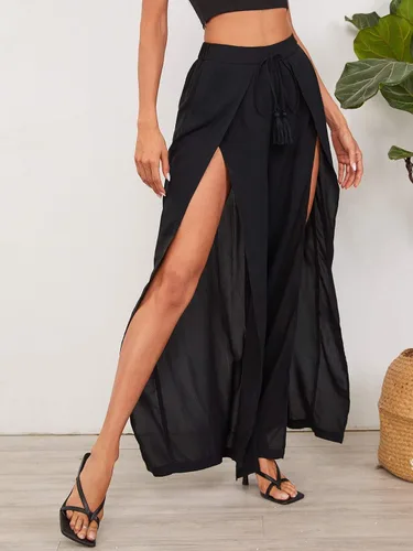 Vista 4 de WDIRARA Pantalones largos con cintura elástica dividida y pierna ancha con lazo frontal para mujer