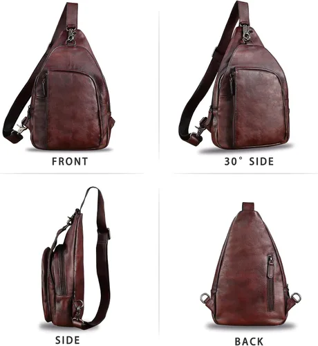 Vista 4 de Bolso bandolera de cuero genuino para hombres y mujeres, mochila vintage de cuero real, bolsa cruzada de hombro, bolsa de pecho