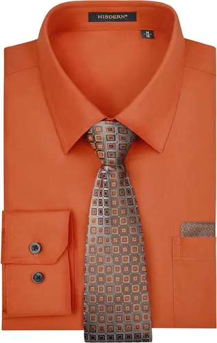 Vista 48 de HISDERN Mens Dress Shirt with Tie Pocket Square Set Classic Button Down Shirt Matching Tie Long Sleeve Shirts 08-verde