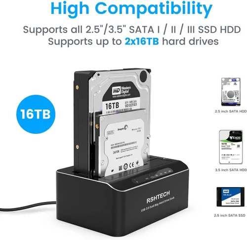 Vista 10 de RSHTECH Estación de acoplamiento de disco duro,Aluminio Dual Bay USB 3.0