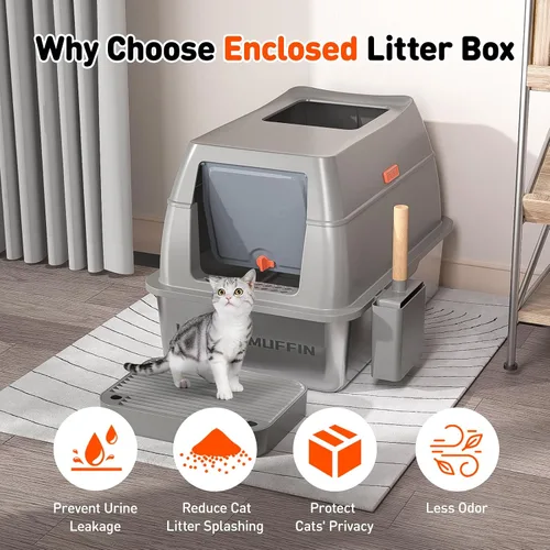 Vista 5 de Caja de arena para gatos de acero inoxidable 3 en 1 con tapa extraíble, caja de metal de alta cara extra grande cerrada para gatitos grandes