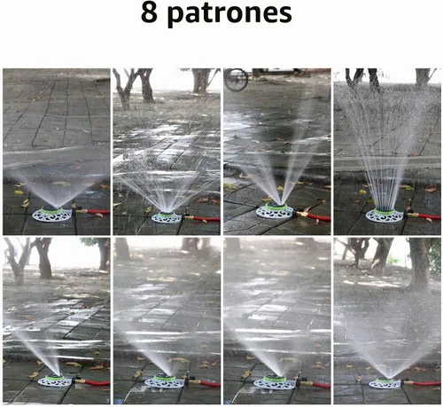 Vista 4 de STYDDI Aspersor de torreta de 8 patrones, aspersor de agua estacionario de 8 patrones en base decorativa de metal para riego de patios pequeños