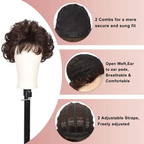 Vista 7 de Kalyss Peluca Corta Rizada Ondulada de 10" con Flequillo de Cabello Sintético Premium Resistente al Calor Pelucas Cortas con Aspecto de los Años 70