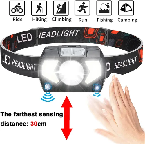 Vista 5 de Linterna frontal recargable, 1100 lúmenes, linterna LED brillante ultraligera con luz blanca y roja, paquete de 3 linternas de cabeza con sensor