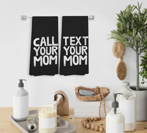 Vista 4 de Call Your Mom - Juego de 2 toallas de cocina y paños de cocina negros, toallas decorativas para baño, regalos de graduación, toallas de tela