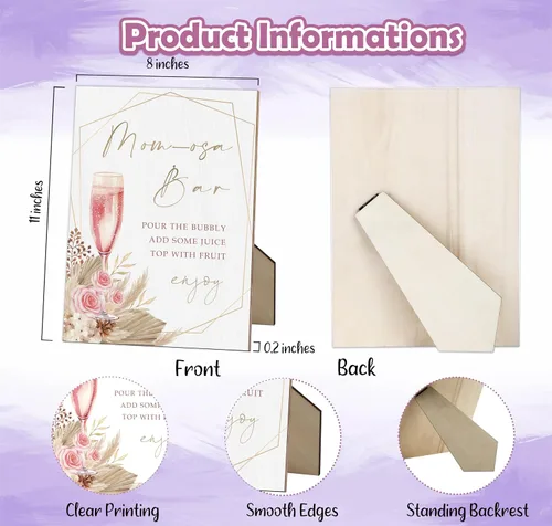 Vista 2 de Mom-osa Bar Baby Shower Letrero bohemio floral de género neutro con soporte, letrero de juego de madera para baby shower, cumpleaños, decoración