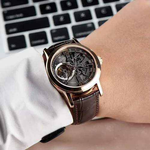 Vista 6 de OBLVLO Relojes casuales de lujo con diseño de esqueleto oro rosa relojes automáticos cristal de zafiro VM-S