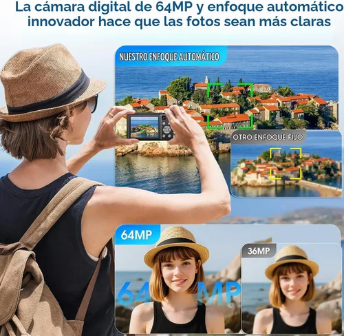 Vista 3 de Cámara digital 4K, cámara de videoblogs de 64 megapíxeles con enfoque automático y lente dual, zoom digital 16X, cámara compacta de YouTube