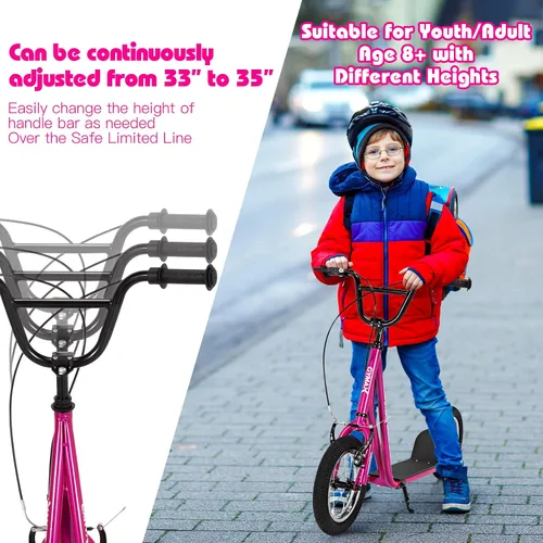 Vista 2 de GYMAX Patinete todoterreno para niños y adultos con ruedas inflables de 12 pulgadas, manillar de altura ajustable, frenos de mano tipo V y clavijas