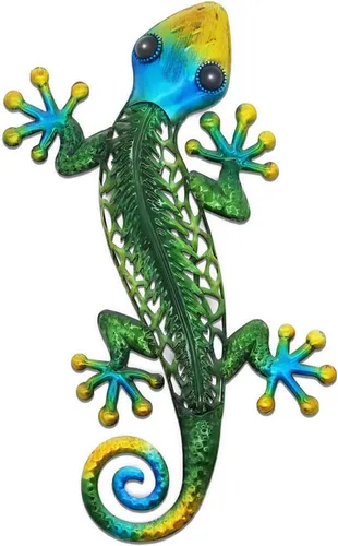 Vista 8 de Arte decorativo de Gecko de pared de metal, 14 pulgadas, paquete de 2 Diseño de escalada 3D, escultura de vidrio decorativa, lagarto colgante