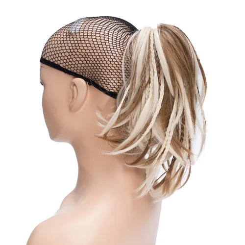 Vista 7 de IMISSU Extensiones de cabello hechas a mano con clip de cola de caballo trenzada, extensiones de cabello de cola de caballo (cobre ceniza)