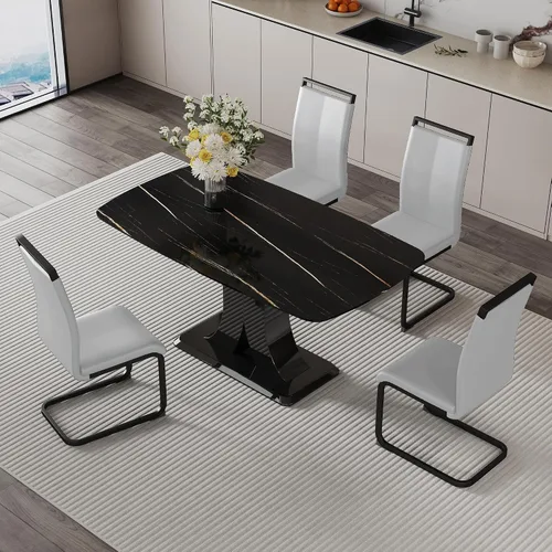 Vista 20 de Moderno juego de mesa de comedor para 4, mesa de vidrio de 63 pulgadas y base de MDF, mesa de comedor de mármol sintético negro con 4 sillas Mesa