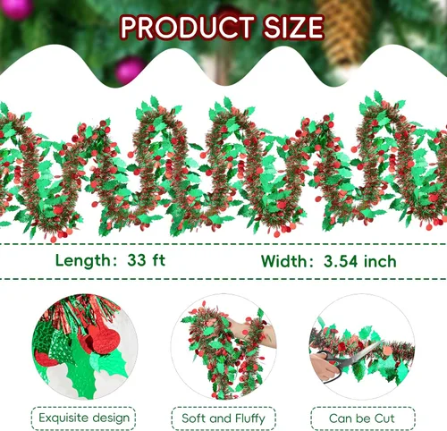 Vista 2 de Guirnalda de Oropel de Navidad de 33 Pies, Guirnalda de Oropel Metálico Trenzado Rojo Verde con Ornamentos de Bayas y Hojas, Decoración Colgante