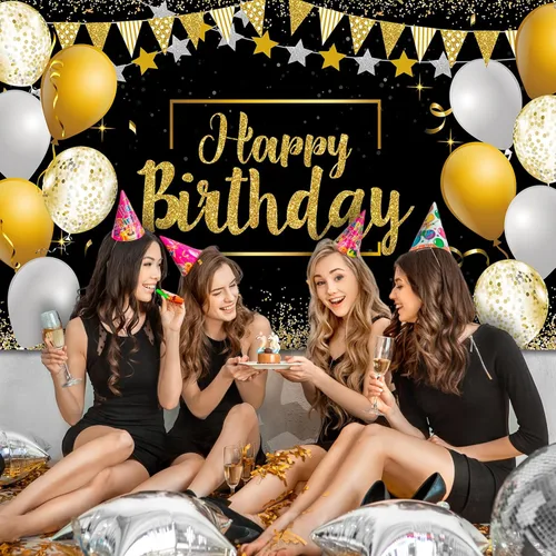 Vista 4 de Tatuo Cartel de fondo de decoración de feliz cumpleaños, cartel de fondo de cumpleaños con purpurina, suministros de fiesta, fondo de fotos