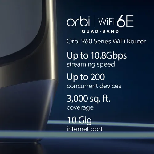 Vista 2 de NETGEAR Router WiFi 6E de cuatro bandas Orbi (RBRE960), características de seguridad, velocidad de hasta 10 Gbps, cubre hasta 3,000 pies cuadrados