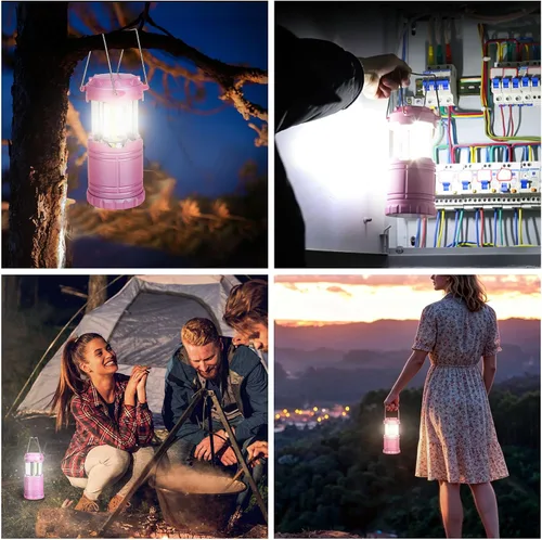 Vista 6 de Paquete de 2 mini linternas LED rosas para acampar, luces portátiles para acampar, lámparas con mango al aire libre, luces de emergencia esenciales