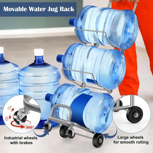 Vista 4 de Soporte para jarra de agua de 5 galones con 4 ruedas, organizador de botellas de agua movible de 3 niveles con ruedas bloqueables, resistente