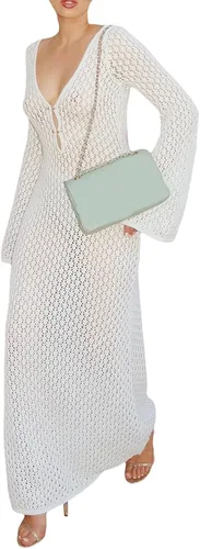Vista 4 de Vestido largo de punto de ganchillo para mujer, vestido largo ajustado de manga larga sin espalda