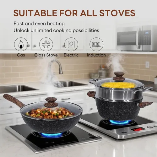Vista 3 de Sweetcrispy Juego de 17 ollas y sartenes antiadherentes, juego de cocina no tóxico con asas que se mantienen frescas, negro natural