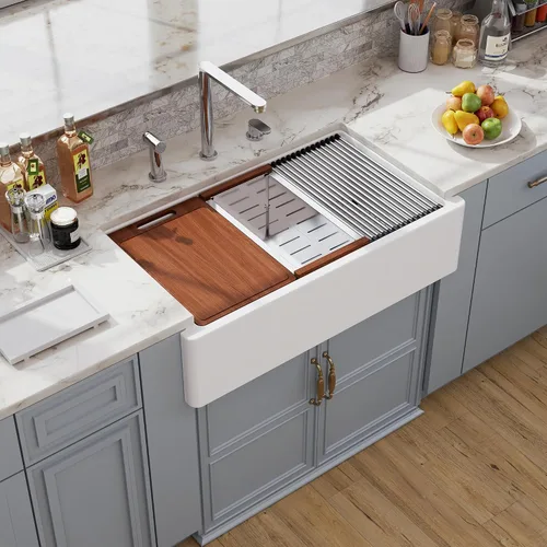 Vista 17 de Farm - Fregadero de cocina reversible con 24 unidades, color blanco, 24 x 18 pulgadas, delantal frontal de porcelana blanca, de cerámica y arcilla