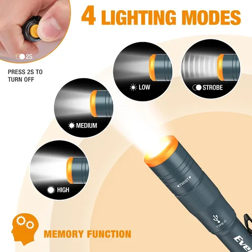 Vista 4 de EverBrite Paquete de 2 mini bolígrafos de luz, linterna recargable de bolsillo con cable USB C, 4 modos de luz, linterna pequeña de 300 lúmenes