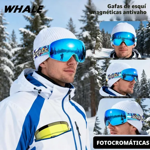 Vista 3 de Whale 2027 New Magnetic-Closure Ski Goggles, 2 Interchangeable Lenses/Night Skiing Light-Enhancing Lens, Anti-Fog, Unisex Azul